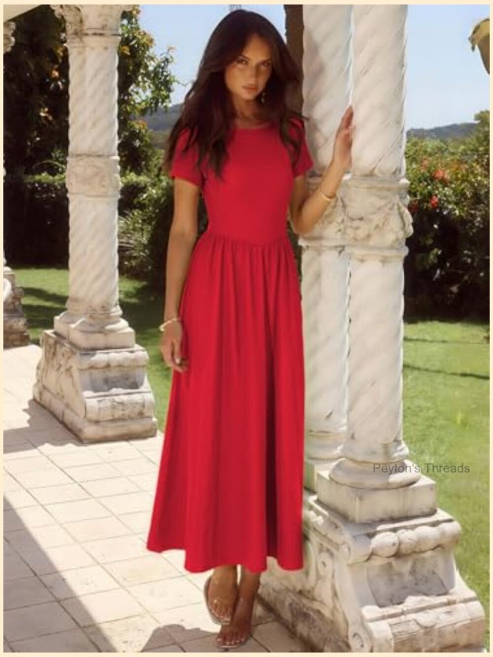 Short Sleeve Maxi Dress with Pocket Elegant Fit and Flare Lace Up Back - Picture 5 of 5